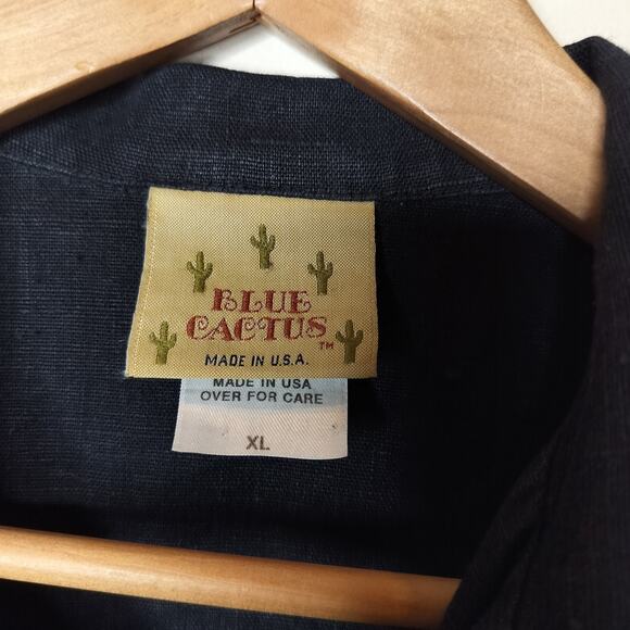 Blue Cactus Linen Button Up Shirt Hand-Painted Funky Art to Wear - Picture 7 of 12